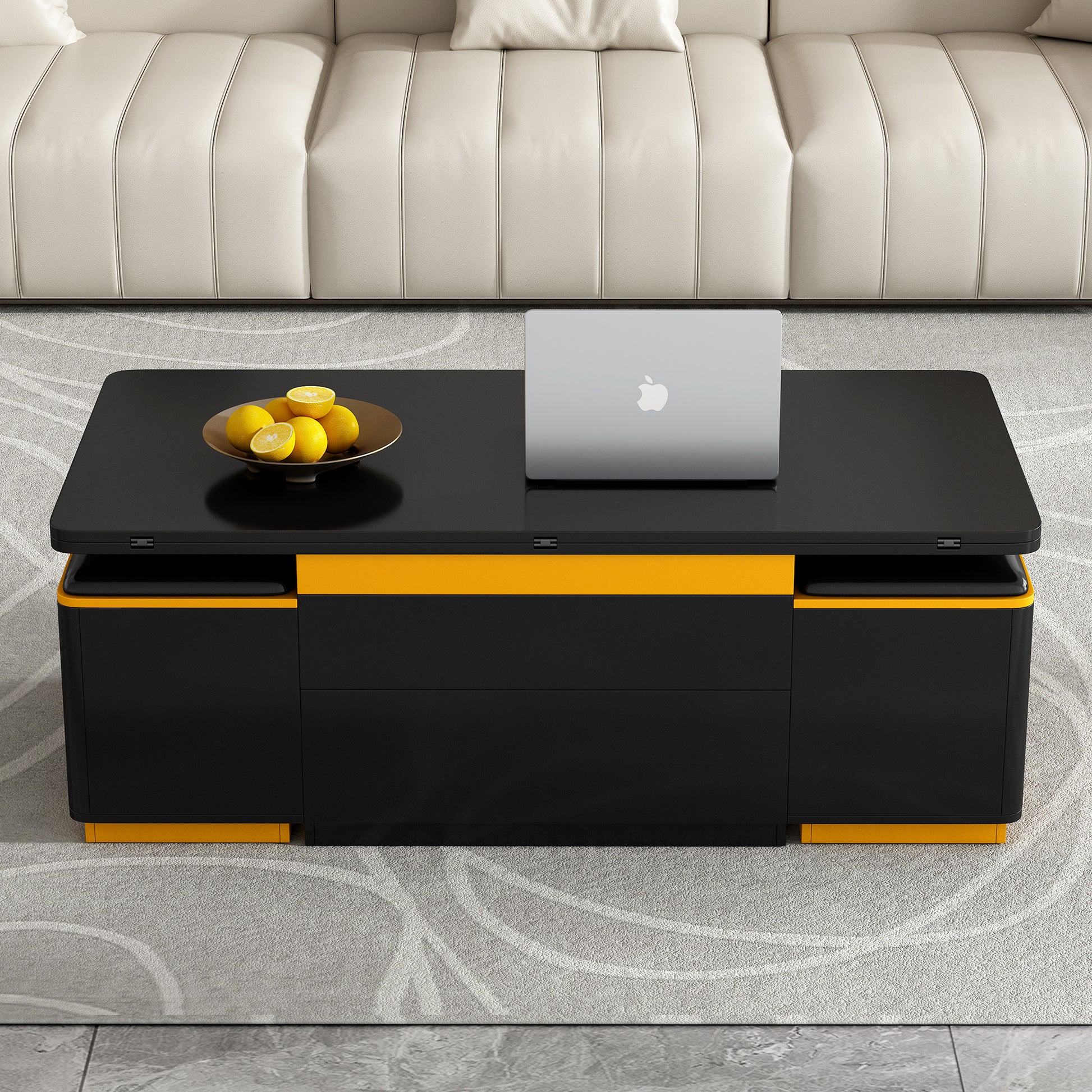 Living Room Black MDF Lift-Top Coffee Table with Foldable Dining and Storage Stools