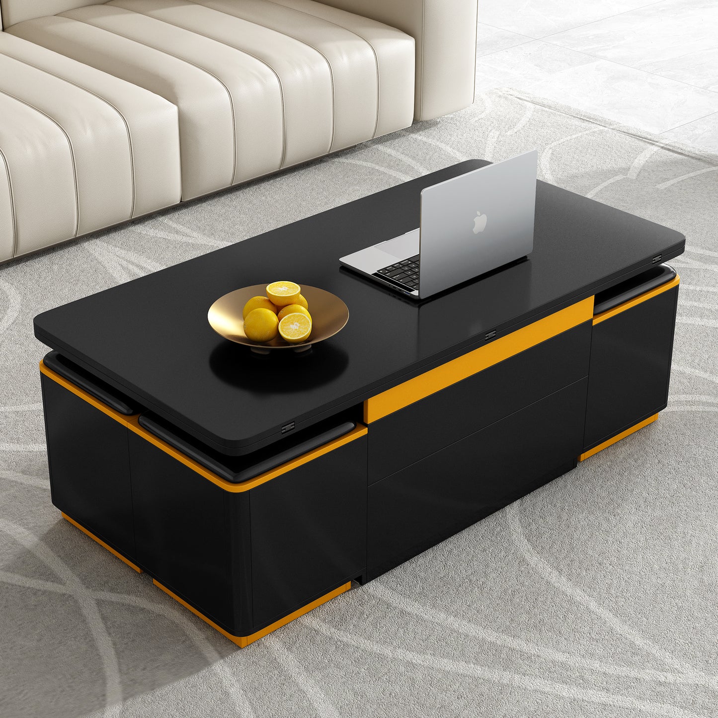 Living Room Black MDF Lift-Top Coffee Table with Foldable Dining and Storage Stools