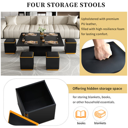 Living Room Black MDF Lift-Top Coffee Table with Foldable Dining and Storage Stools