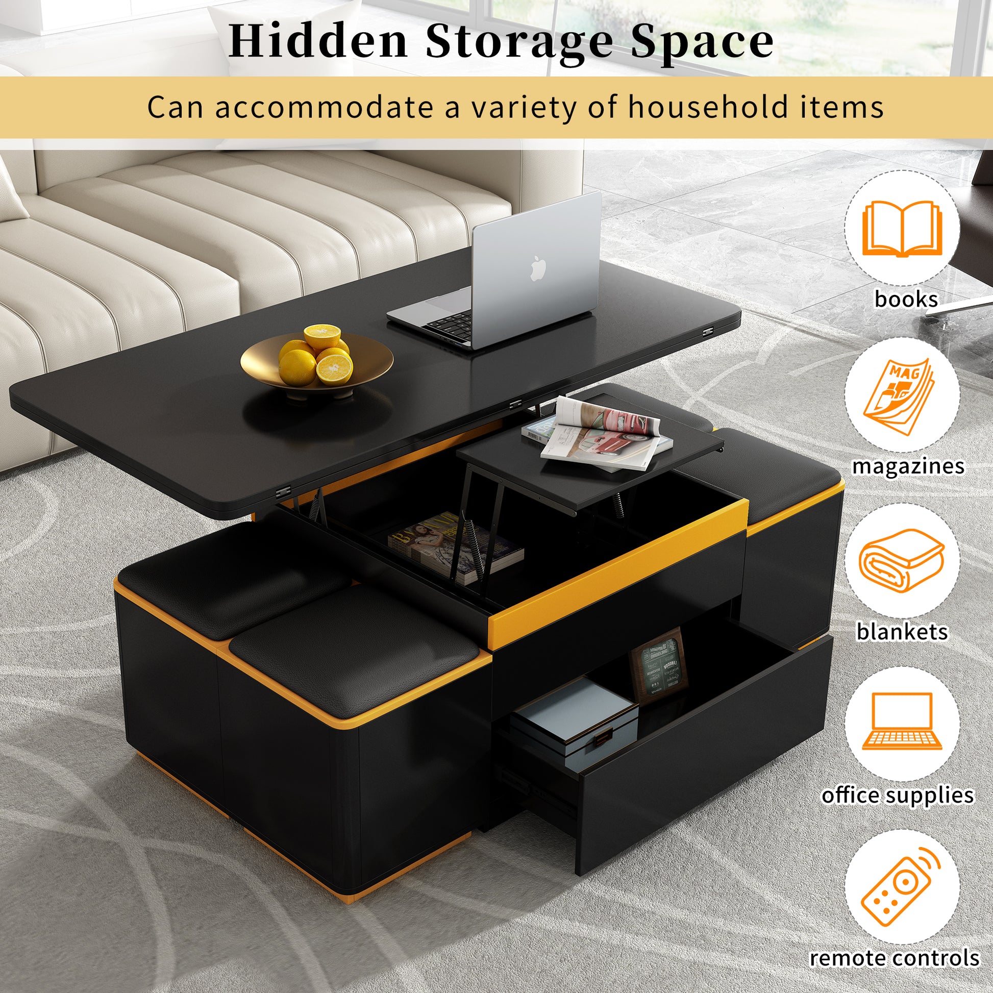 Living Room Black MDF Lift-Top Coffee Table with Foldable Dining and Storage Stools