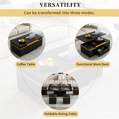 Living Room Black MDF Lift-Top Coffee Table with Foldable Dining and Storage Stools