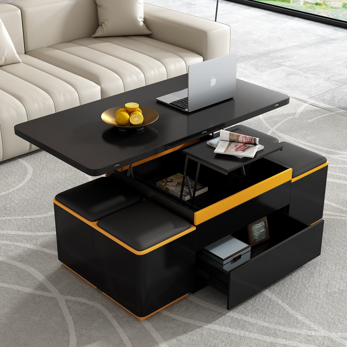 [Video Provided]VIBE HAUS Lift-Top Coffee Table with Storage Stools, Modern Center Table with Foldable Top, Multi-Functional Adjustable Coffee Table for Living Room(OLD SKU:N724P292506B)