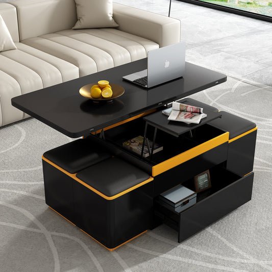 [Video Provided]VIBE HAUS Lift-Top Coffee Table with Storage Stools, Modern Center Table with Foldable Top, Multi-Functional Adjustable Coffee Table for Living Room(OLD SKU:N724P292506B)
