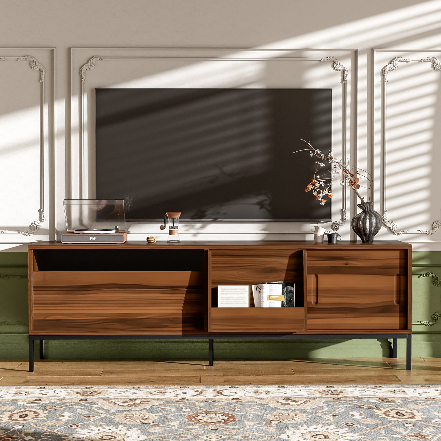 U-Can 70.8'' Modern TV Stand for TVs up to 75 Inches, Entertainment Center with Storage Space, Sliding Doors, Adjustable Shelves and Metal Frame, Mid Century Modern Media TV Console Table for Living R