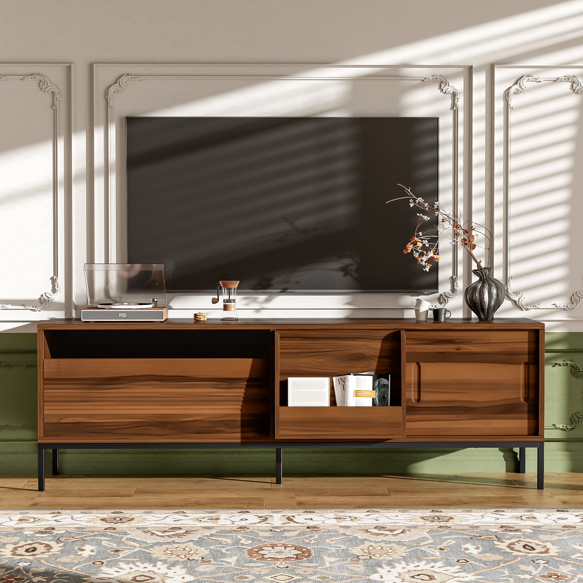 U-Can 70.8'' Modern TV Stand for TVs up to 75 Inches, Entertainment Center with Storage Space, Sliding Doors, Adjustable Shelves and Metal Frame, Mid Century Modern Media TV Console Table for Living R
