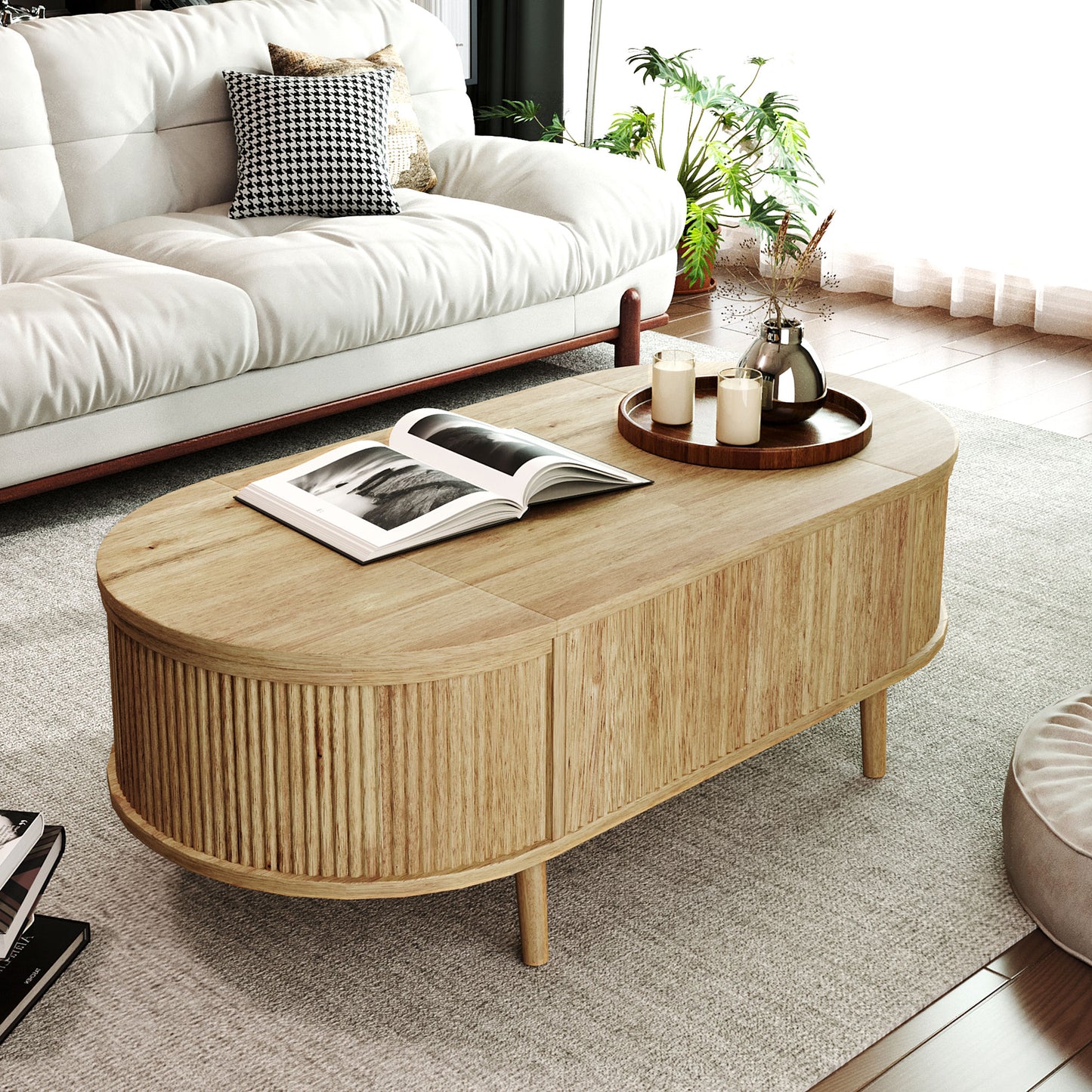 Oval Lift-Top Coffee Table with Storage - Acacia Wood for Living Room