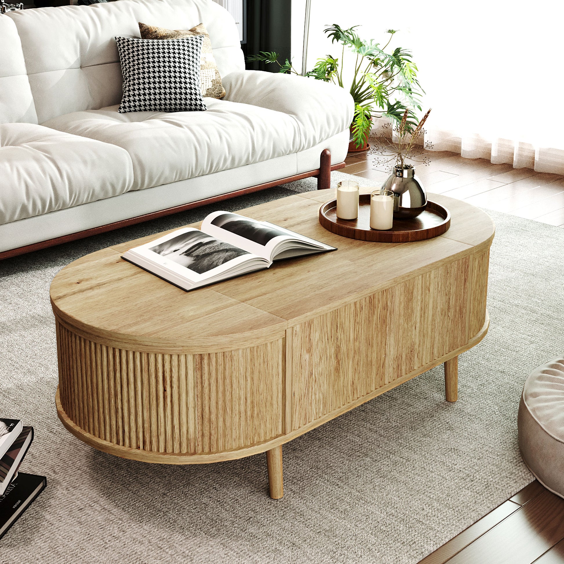 Oval Lift-Top Coffee Table with Storage - Acacia Wood for Living Room