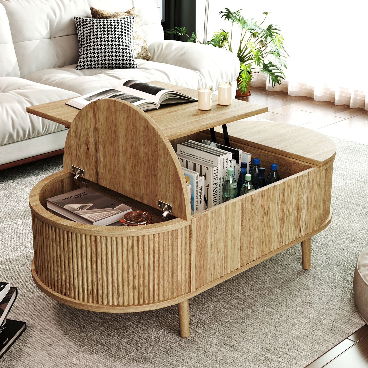 Oval Lift-Top Coffee Table with Storage - Acacia Wood for Living Room
