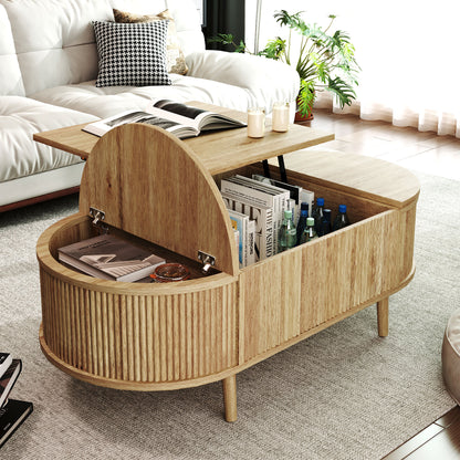 Oval Lift-Top Coffee Table with Storage - Acacia Wood for Living Room