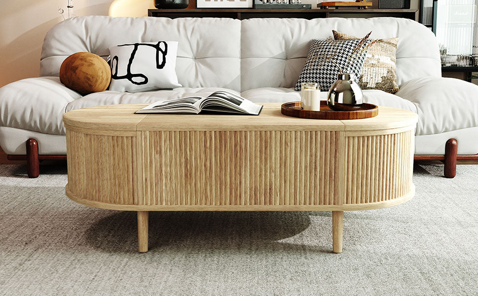 Oval Lift-Top Coffee Table with Storage - Acacia Wood for Living Room