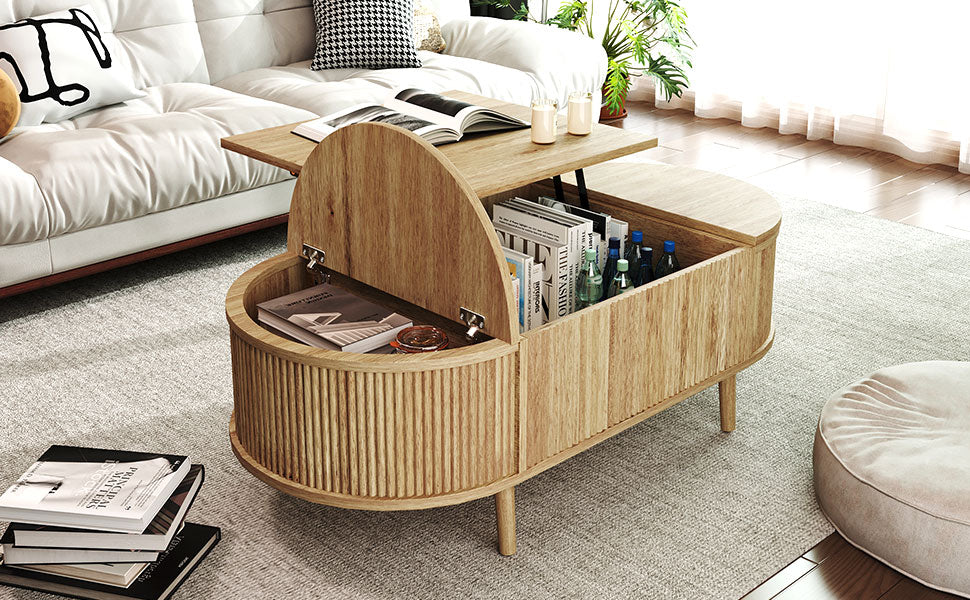 Oval Lift-Top Coffee Table with Storage - Acacia Wood for Living Room