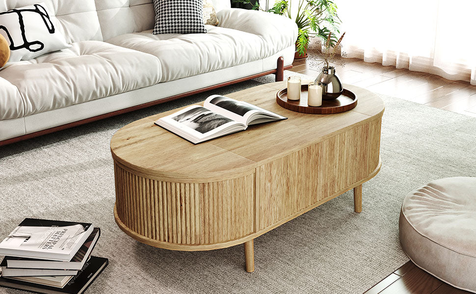 Oval Lift-Top Coffee Table with Storage - Acacia Wood for Living Room
