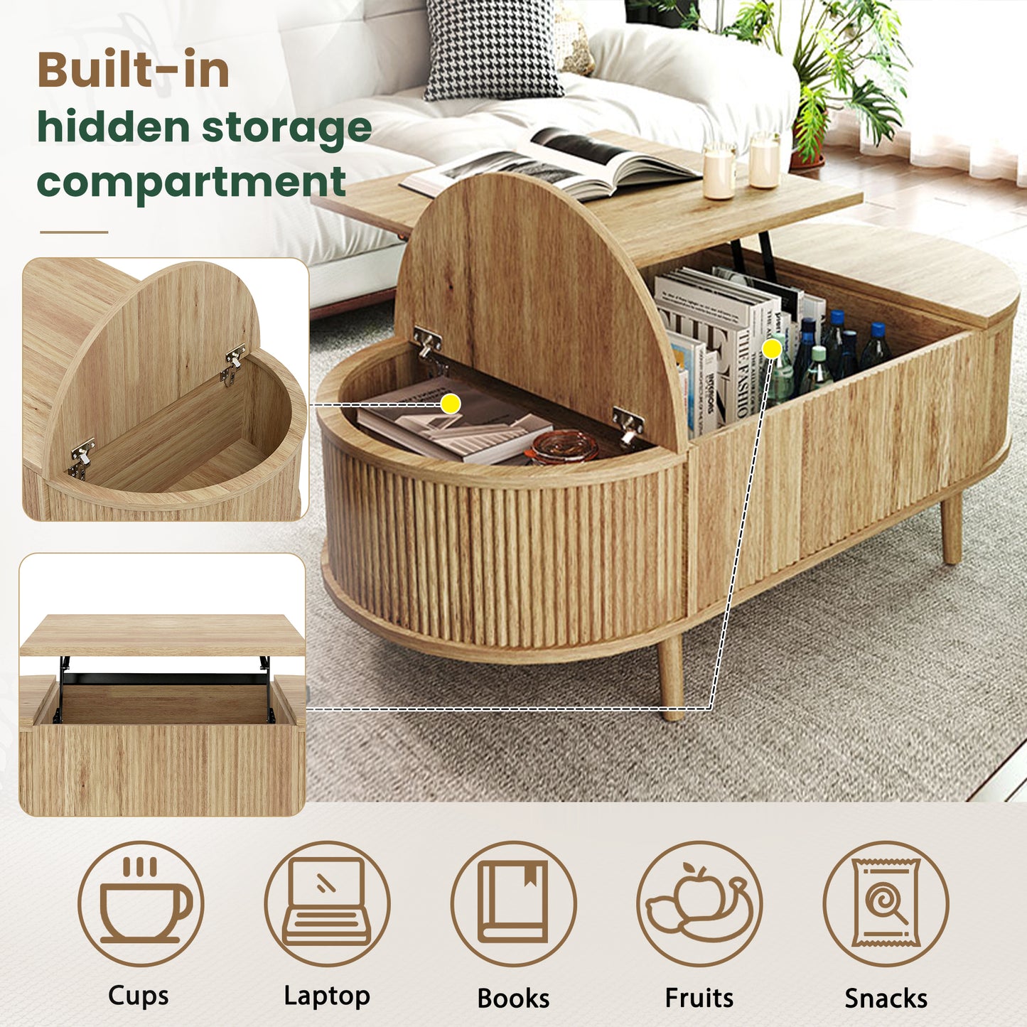 Oval Lift-Top Coffee Table with Storage - Acacia Wood for Living Room