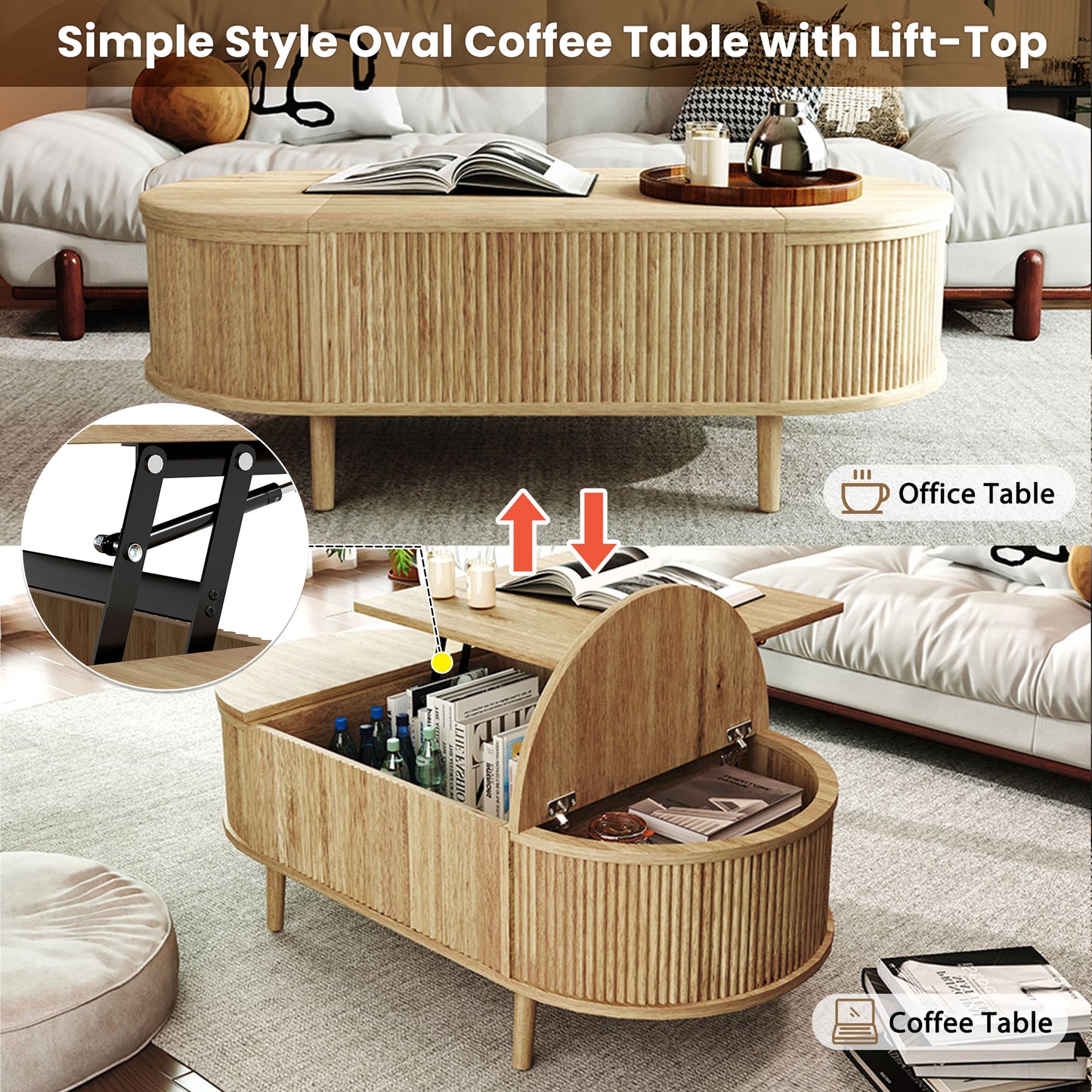 Oval Lift-Top Coffee Table with Storage - Acacia Wood for Living Room
