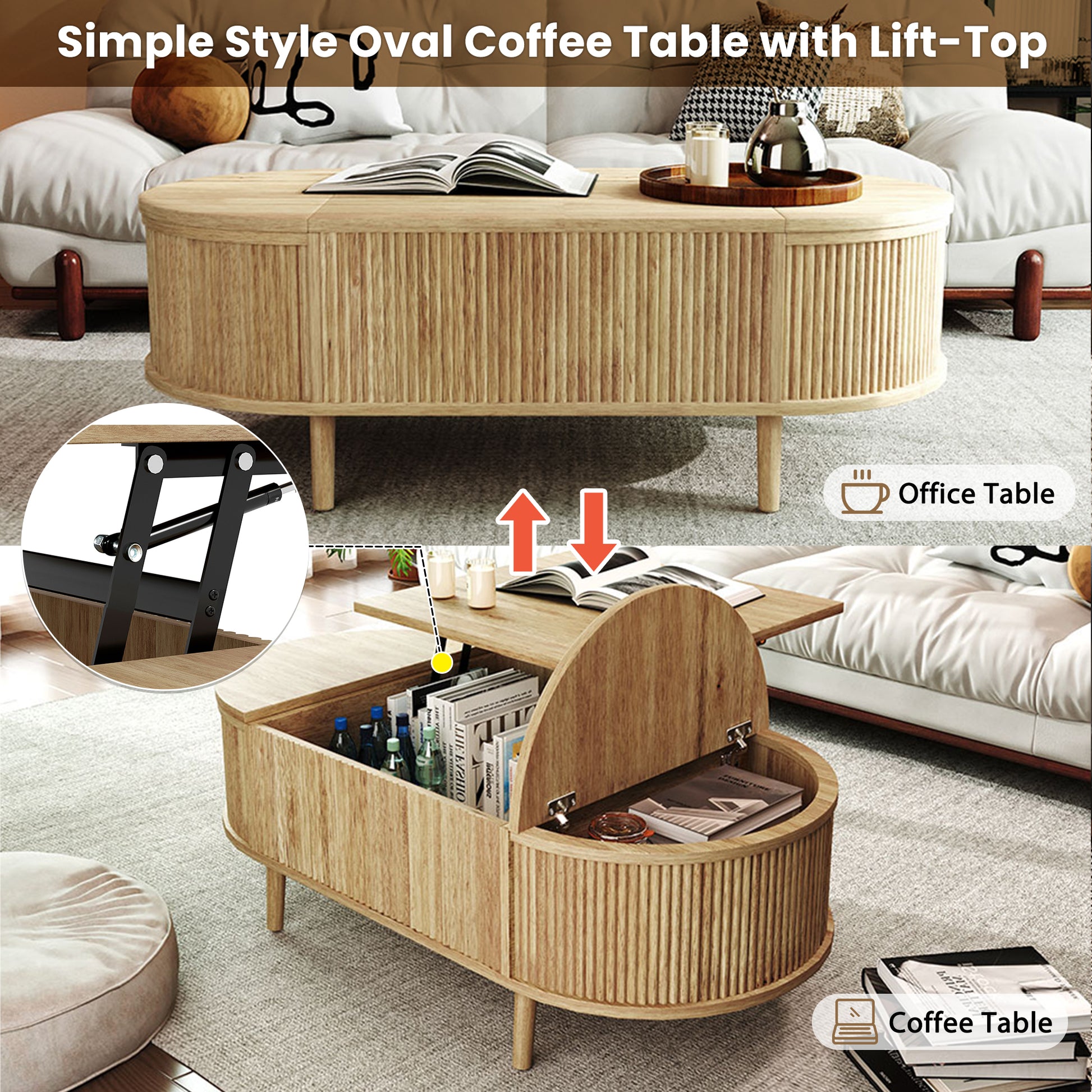 Oval Lift-Top Coffee Table with Storage - Acacia Wood for Living Room