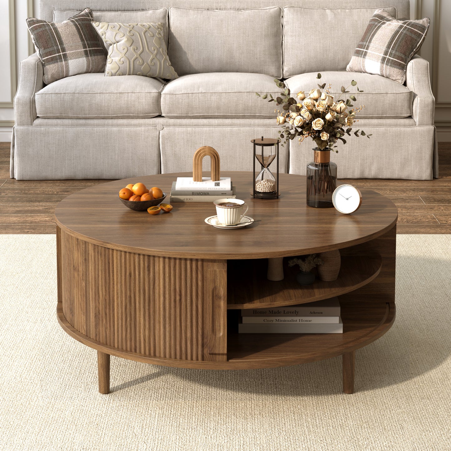 Minimalist Round Lift-Top Coffee Table - Antique Brown Storage for Living Room