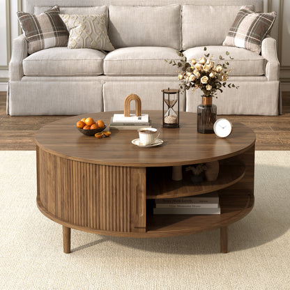 Minimalist Round Lift-Top Coffee Table - Antique Brown Storage for Living Room