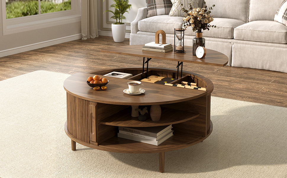 Minimalist Round Lift-Top Coffee Table - Antique Brown Storage for Living Room