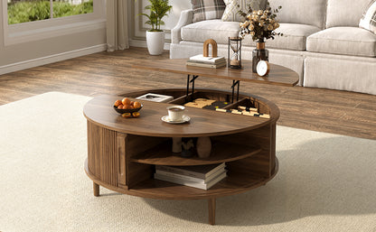 Minimalist Round Lift-Top Coffee Table - Antique Brown Storage for Living Room