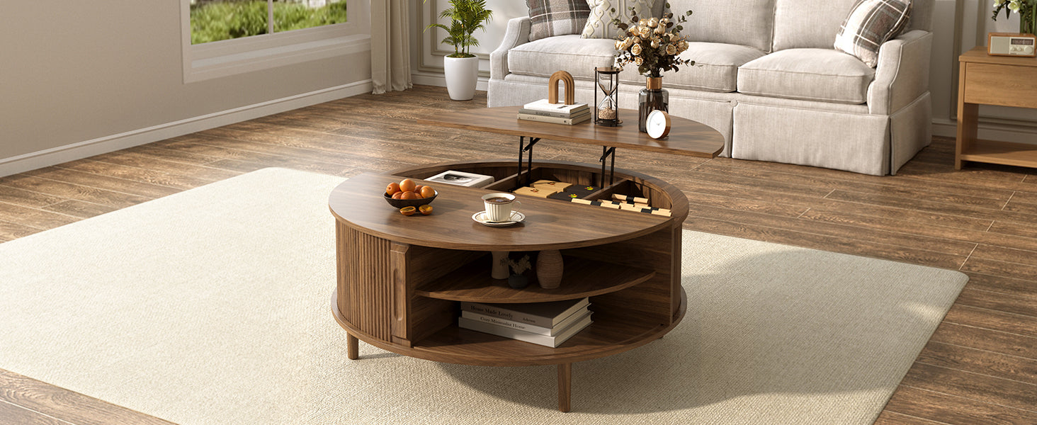 Minimalist Round Lift-Top Coffee Table - Antique Brown Storage for Living Room