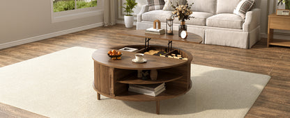 Minimalist Round Lift-Top Coffee Table - Antique Brown Storage for Living Room