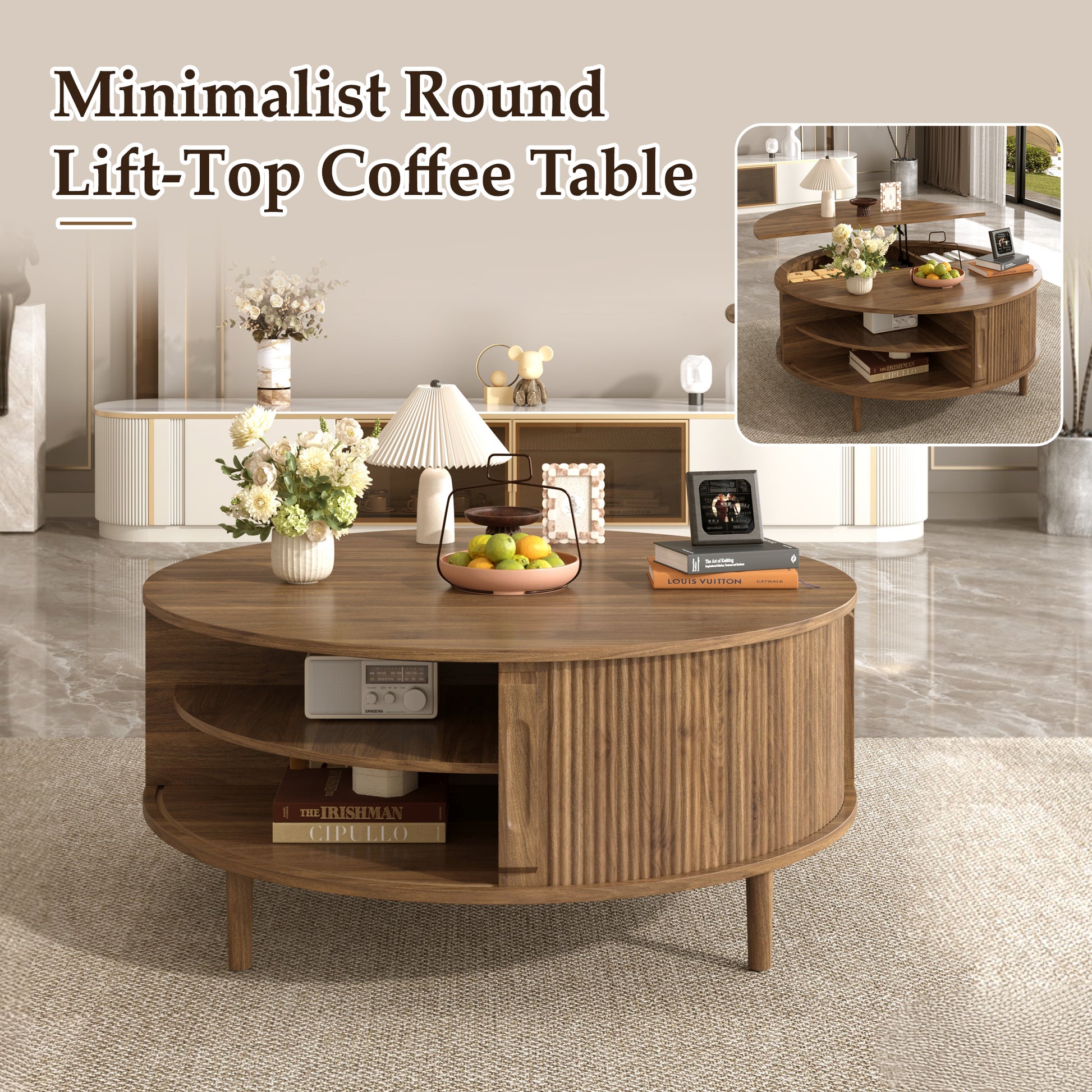 Minimalist Round Lift-Top Coffee Table - Antique Brown Storage for Living Room