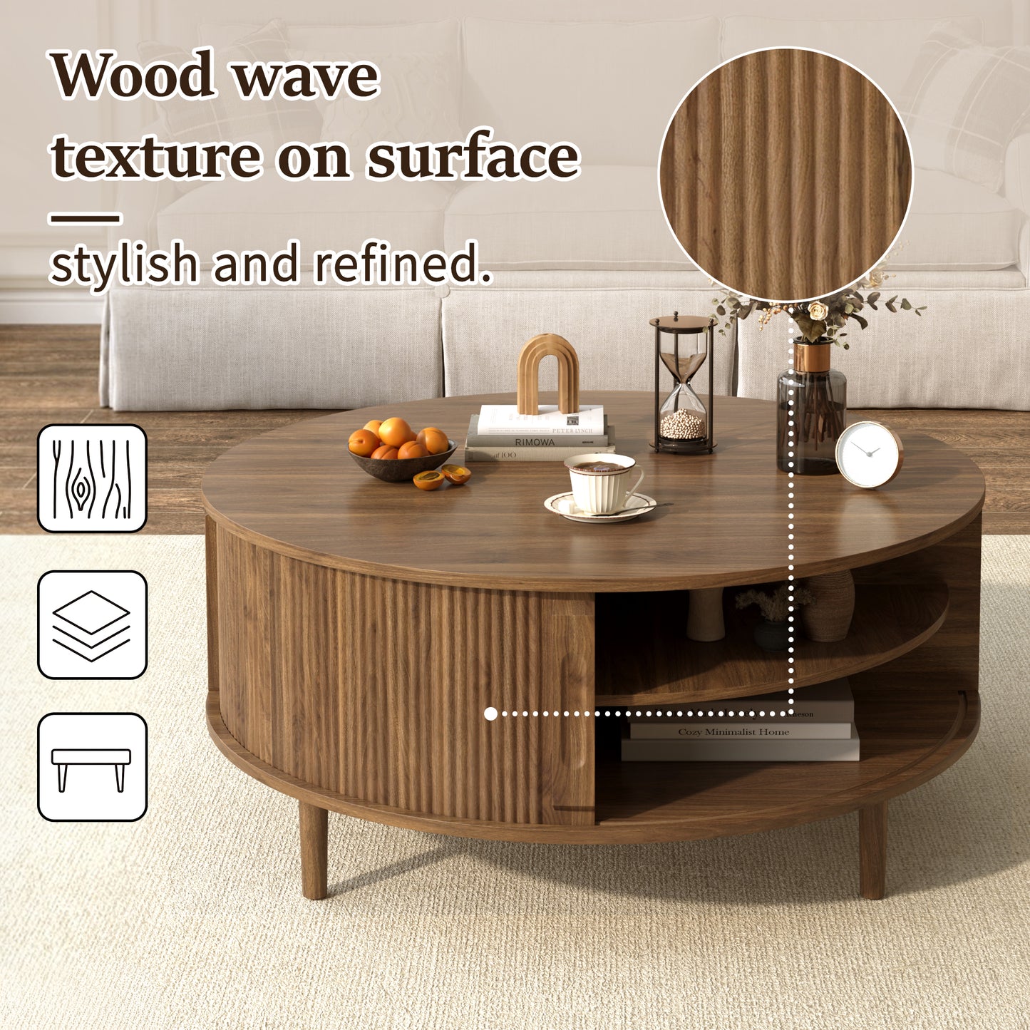 Minimalist Round Lift-Top Coffee Table - Antique Brown Storage for Living Room