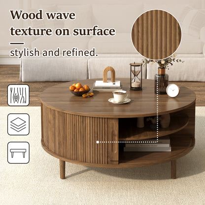Minimalist Round Lift-Top Coffee Table - Antique Brown Storage for Living Room