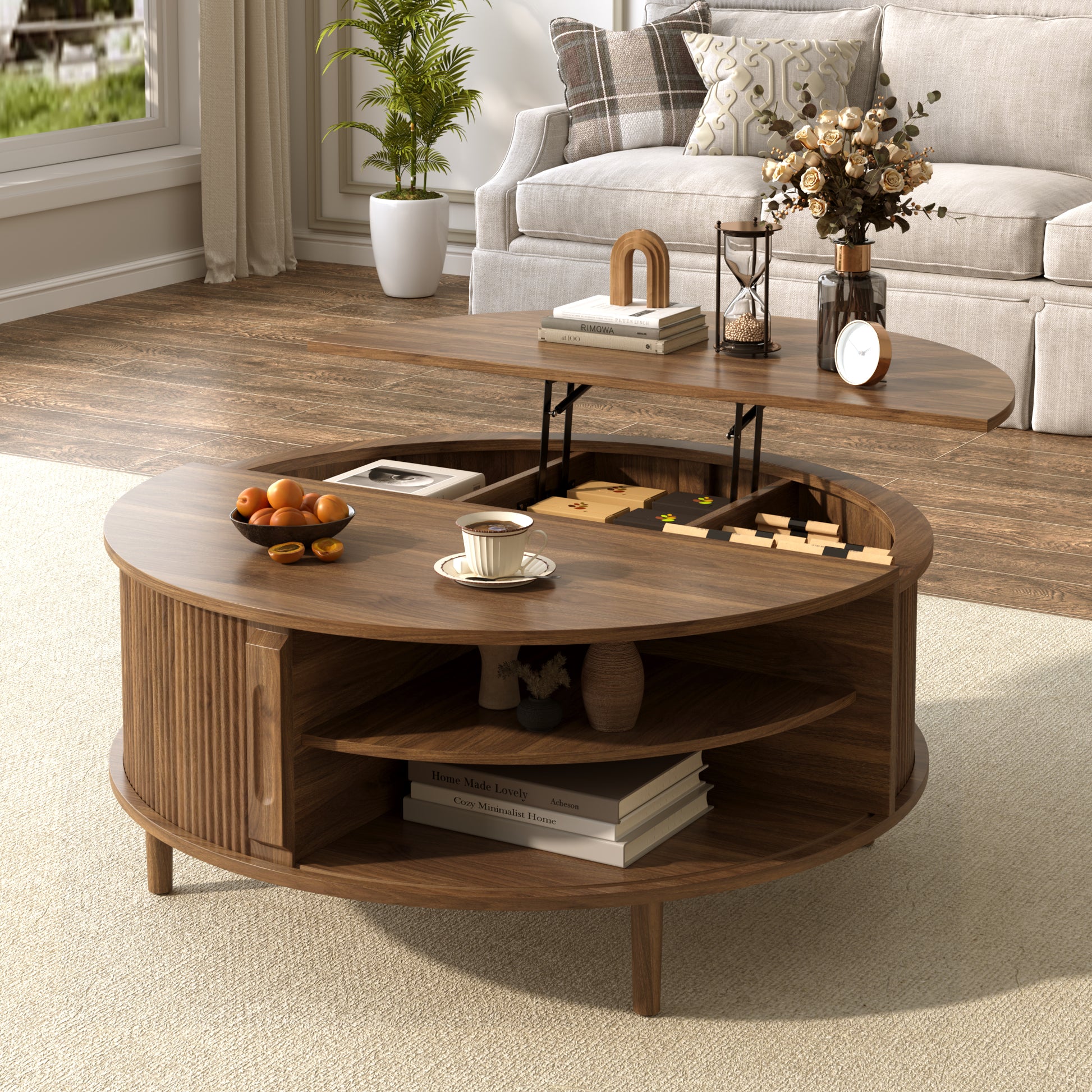 U-Can Minimalist Round Lift-Top Coffee Table with Hidden Storage, Sliding Door, Pine Legs, and Wood Wave Finish