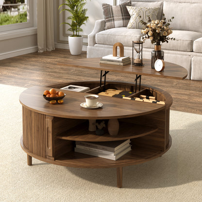 U-Can Minimalist Round Lift-Top Coffee Table with Hidden Storage, Sliding Door, Pine Legs, and Wood Wave Finish