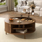 U-Can Minimalist Round Lift-Top Coffee Table with Hidden Storage, Sliding Door, Pine Legs, and Wood Wave Finish