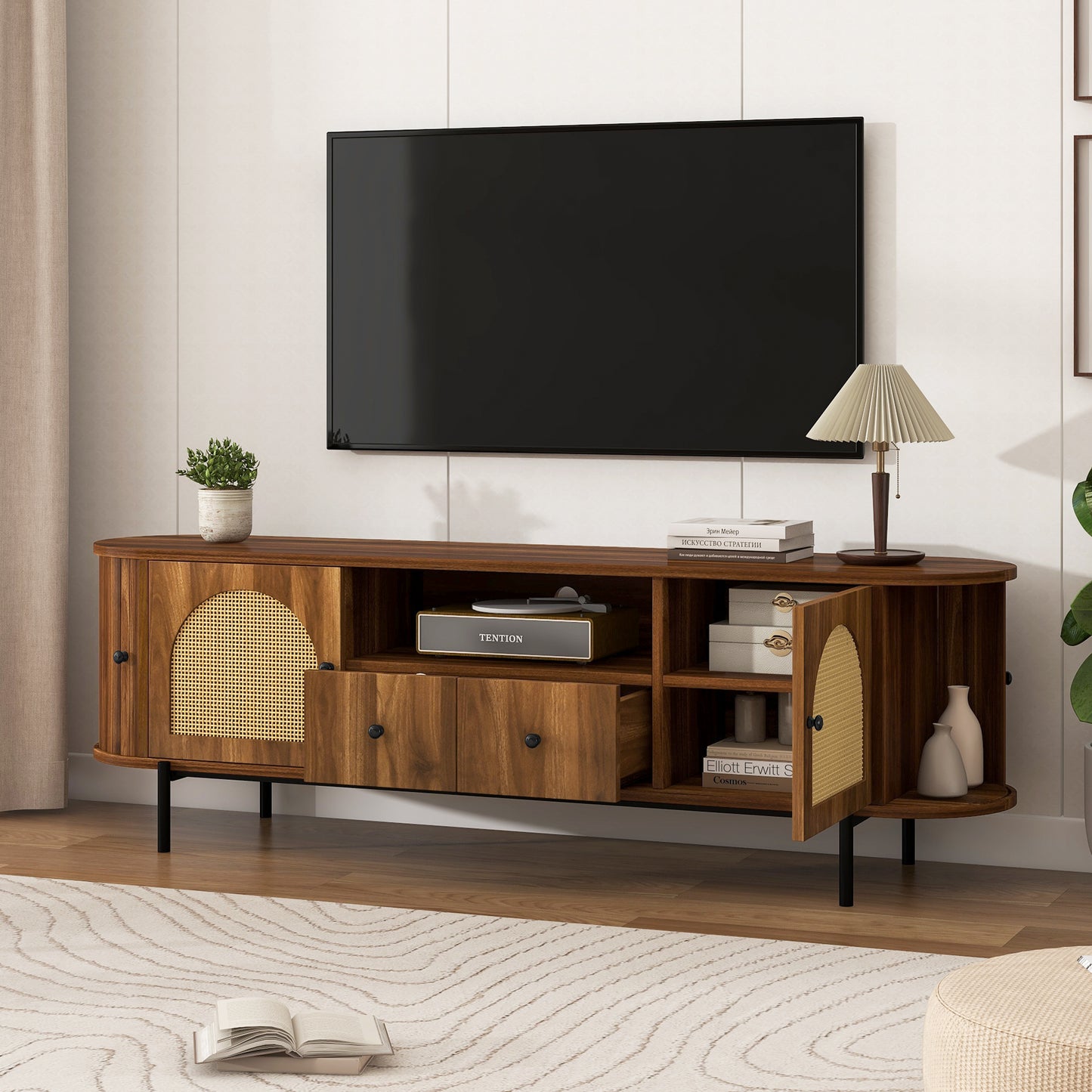 Antique Brown TV Stand with Rattan Doors - 70.9" Wide