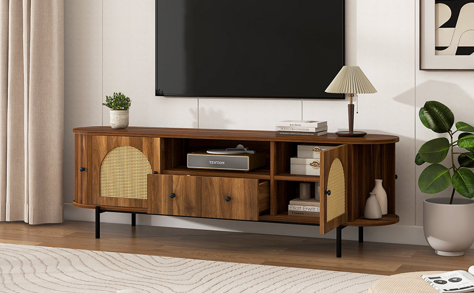 Antique Brown TV Stand with Rattan Doors - 70.9" Wide