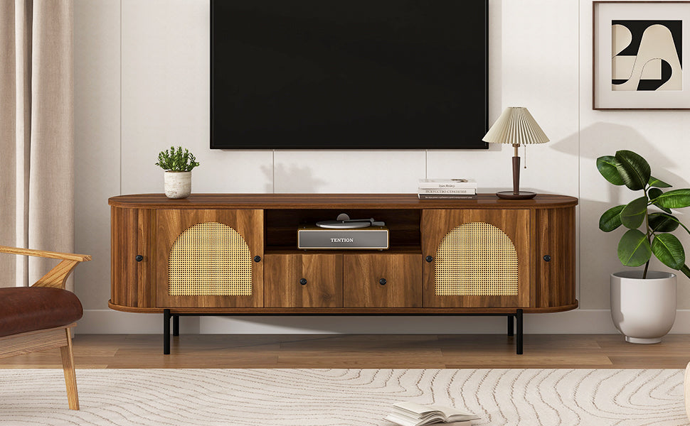 Antique Brown TV Stand with Rattan Doors - 70.9" Wide