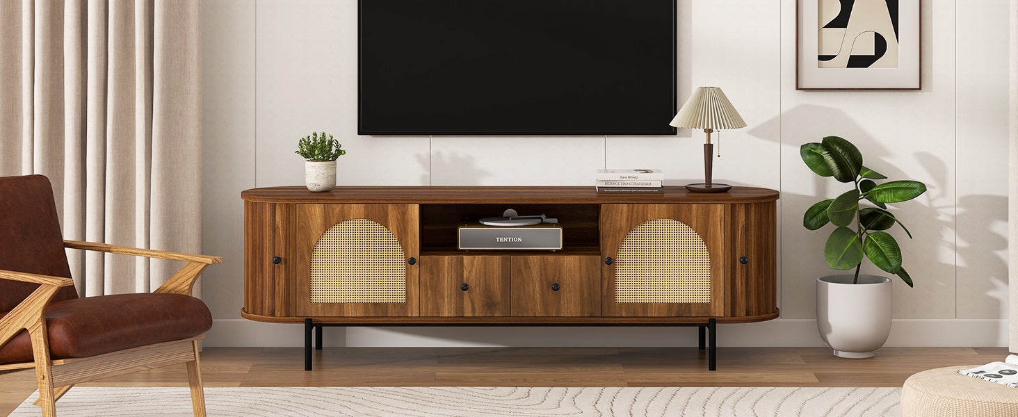 Antique Brown TV Stand with Rattan Doors - 70.9" Wide
