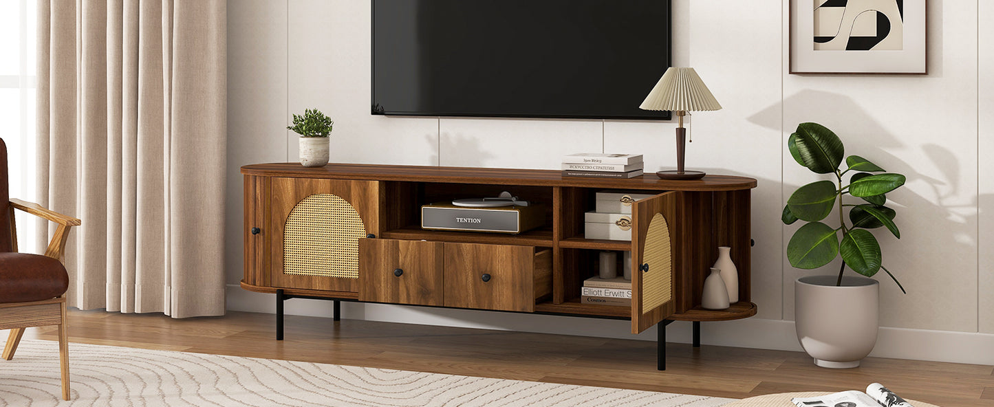 Antique Brown TV Stand with Rattan Doors - 70.9" Wide
