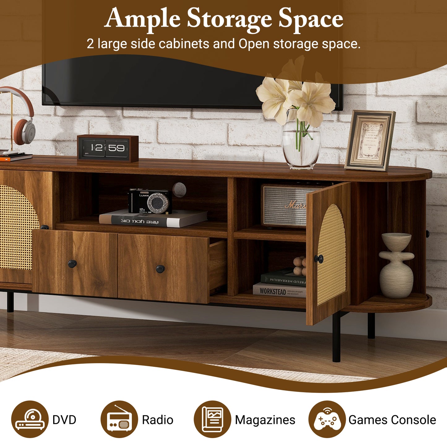 Antique Brown TV Stand with Rattan Doors - 70.9" Wide