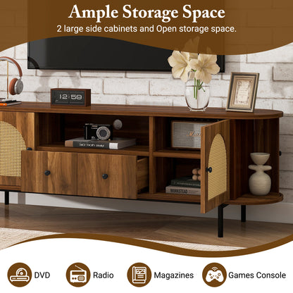 Antique Brown TV Stand with Rattan Doors - 70.9" Wide