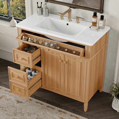 36" Bathroom Vanity with Sink, Wood Vanity Cabinet with Flip-Out Drawer, 3 Drawers, 2 Soft-Close Doors, Solid Wood & MDF, Elegant Rubber Wood Handles