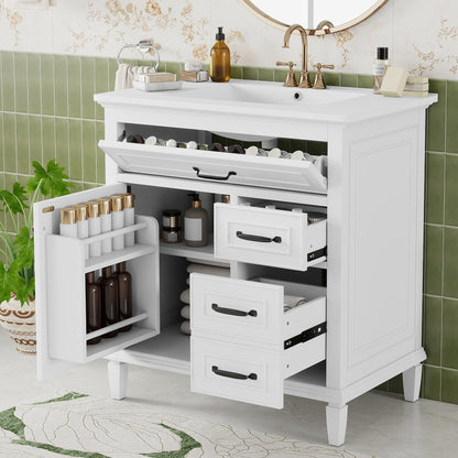 30 Inch Bathroom Vanity with Ceramic Sink Top, Solid Wood Frame, MDF & Pine Cabinet, Flip Drawers, Adjustable Shelf, and Zinc Alloy Handles, Freestanding Storage Cabinet (Faucet Not Included)