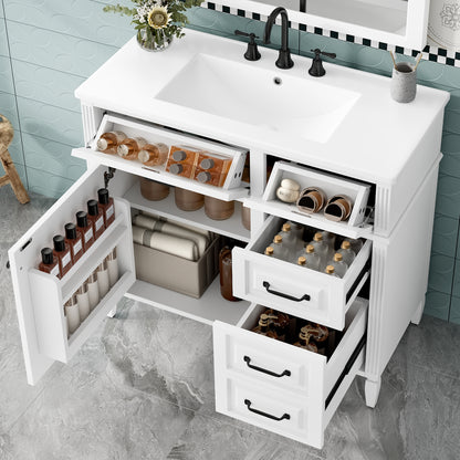 36-Inch Bathroom Vanity with Ceramic Sink Top, Solid Wood Frame and MDF Cabinet, Flip Drawer Design with Adjustable Shelf and Metal Handles, Freestanding Bathroom Storage Cabinet (Faucet Not Included)