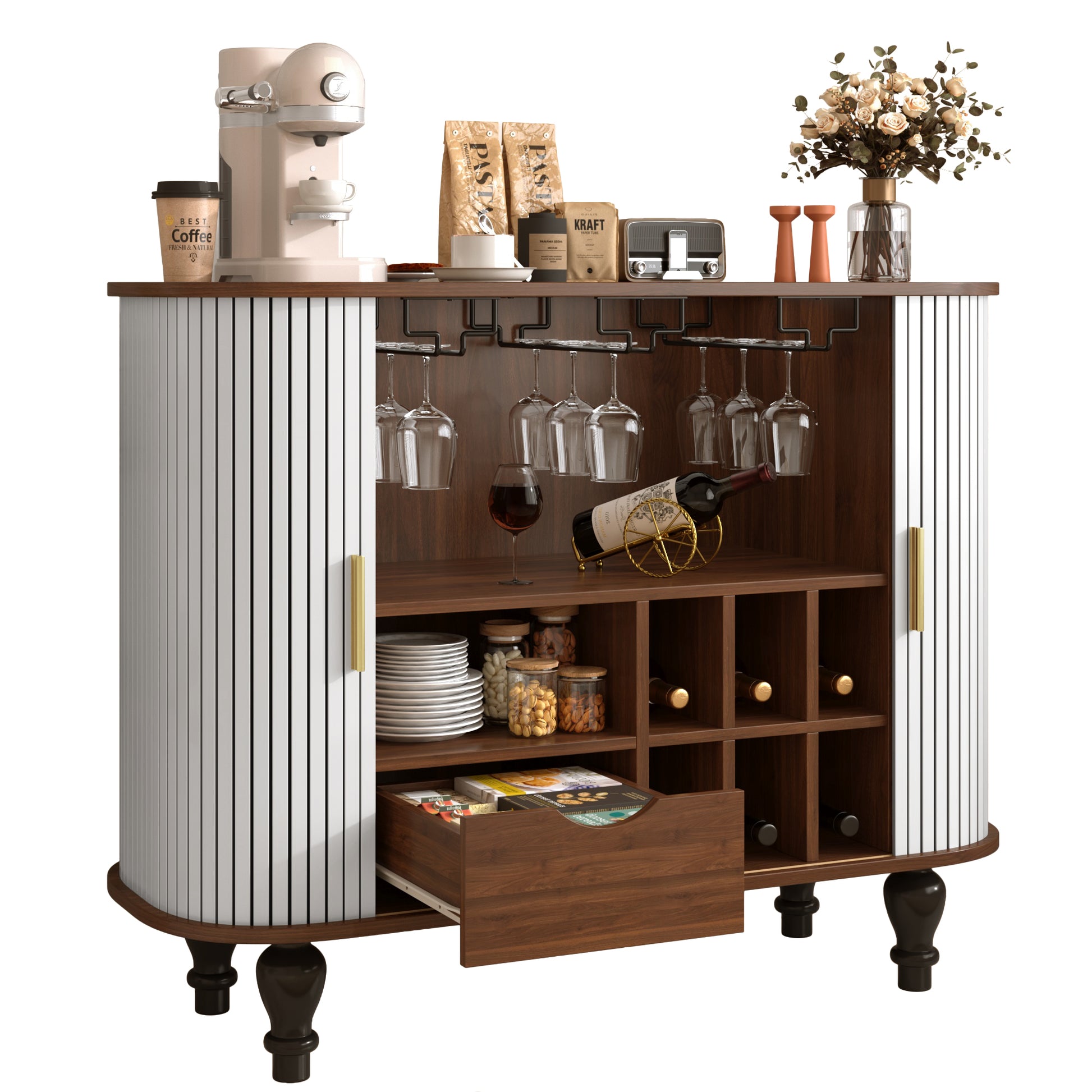 39" Fluted Liquor & Coffee Bar Cabinet - White MDF Metal