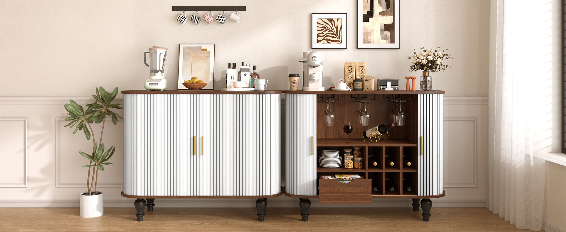 39" Fluted Liquor & Coffee Bar Cabinet - White MDF Metal