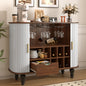 39" Fluted Liquor & Coffee Bar Cabinet with 6 Wine Racks and 3 Glass Holders, Mid-Century Modern Bar Cabinet with A Large Storage Drawer ,4 Hidden Storage Space on the Side , White