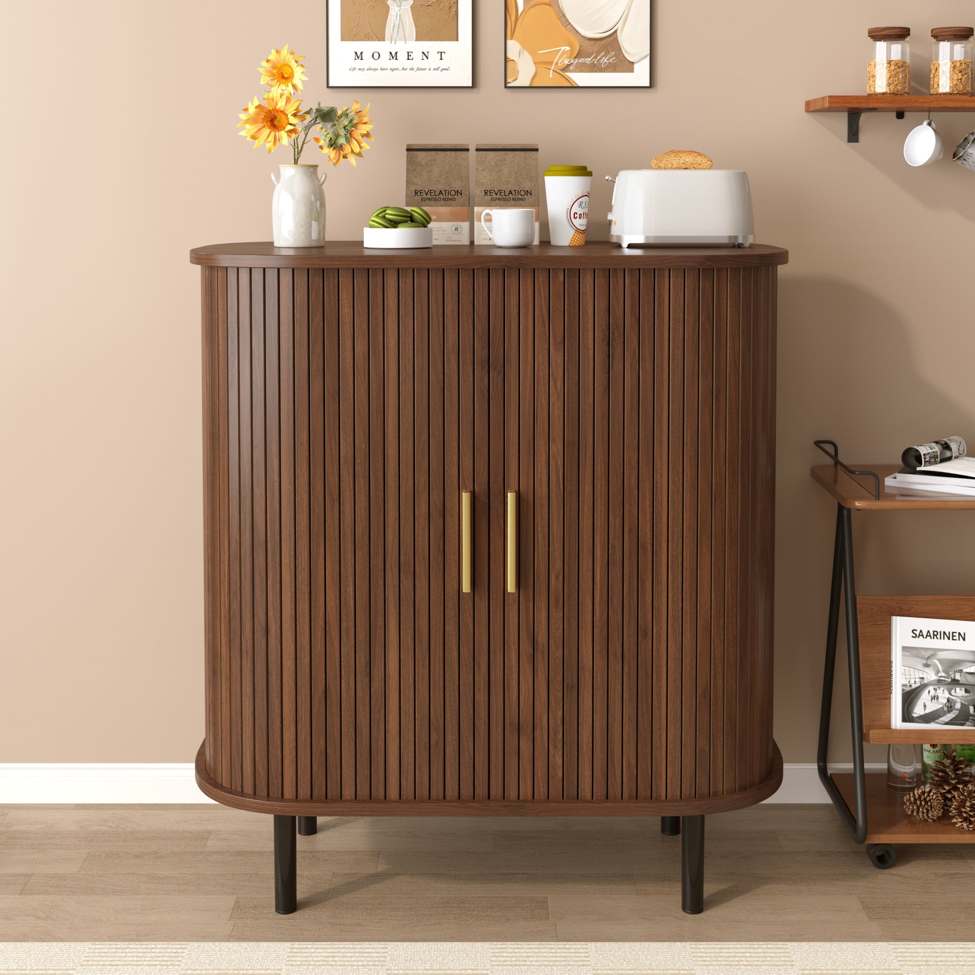 28" Fluted Wine Bar Cabinet with 8-Grid Wine Rack, 5-Level Adjustable Shelves, 2 Glass Holders, Smoothly Sliding Tambour Doors, 4 Hidden Storage Space on the Side, Modern Liquor Coffee Station, Walnut