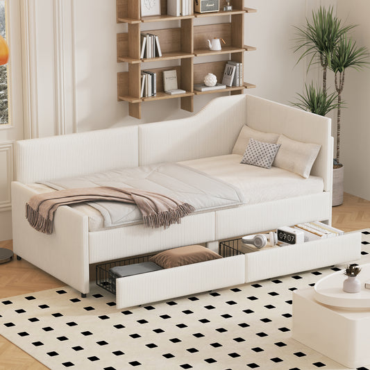 Twin Size L-Shaped Corduroy Daybed,Upholstered Bed Frame with  2 Storage Drawers, Beige