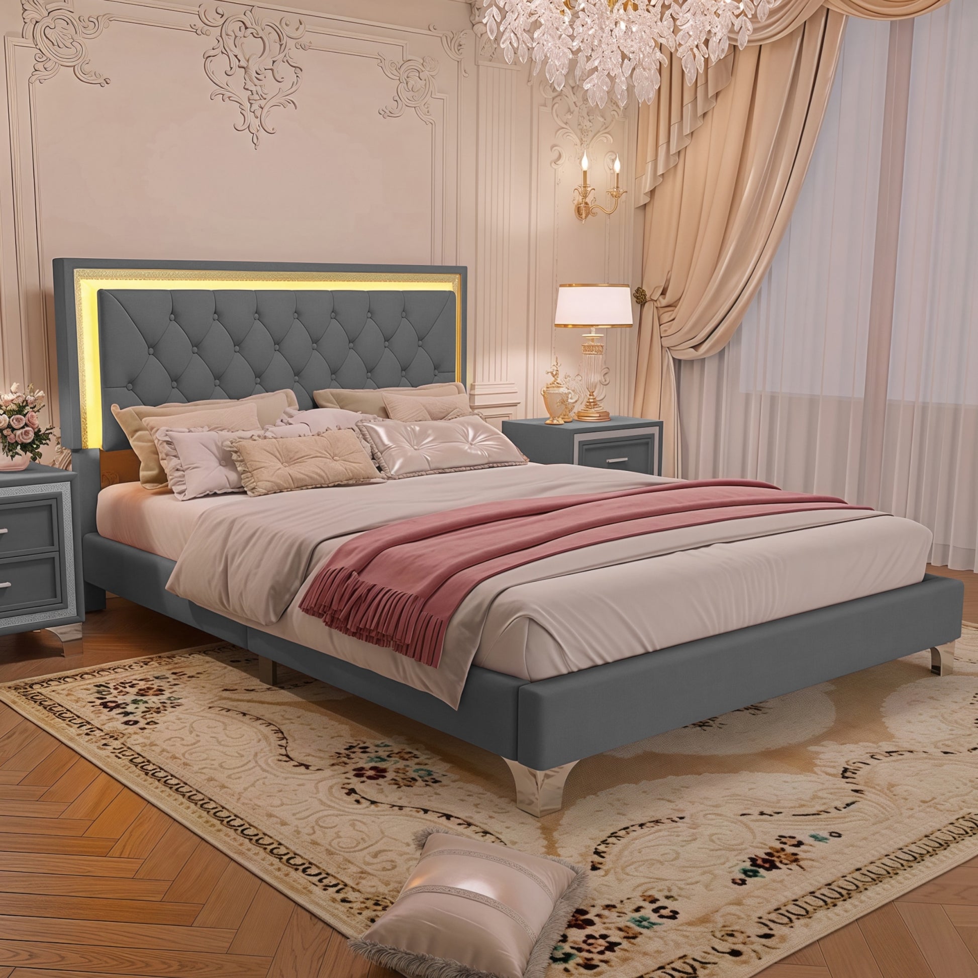 Queen Velvet Upholstered Bed Frame with LED Lights for Bedroom