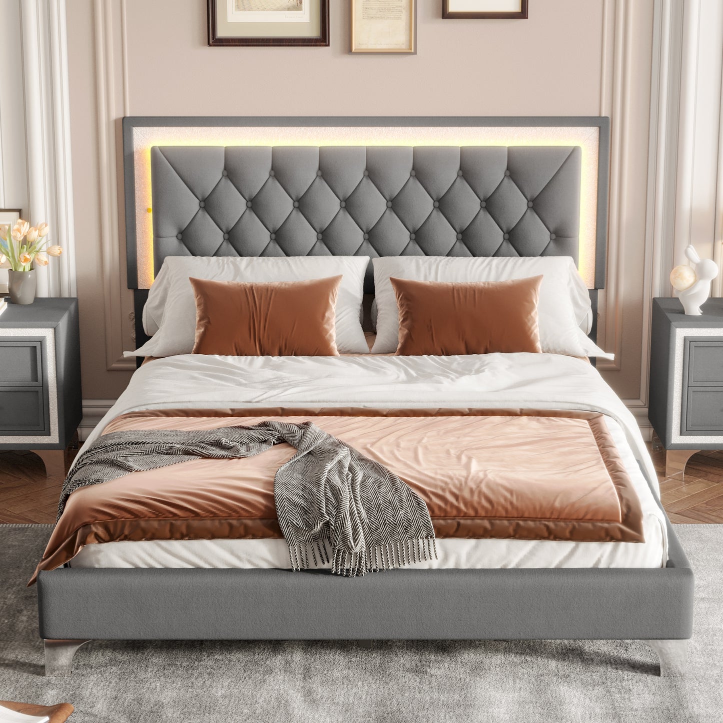 Queen Velvet Upholstered Bed Frame with LED Lights for Bedroom