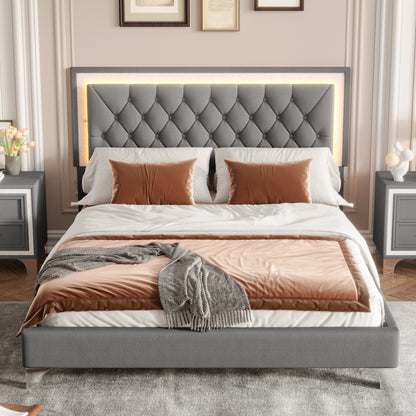 Queen Velvet Upholstered Bed Frame with LED Lights for Bedroom