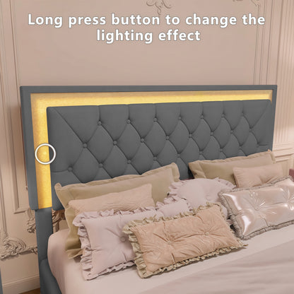 Queen Velvet Upholstered Bed Frame with LED Lights for Bedroom